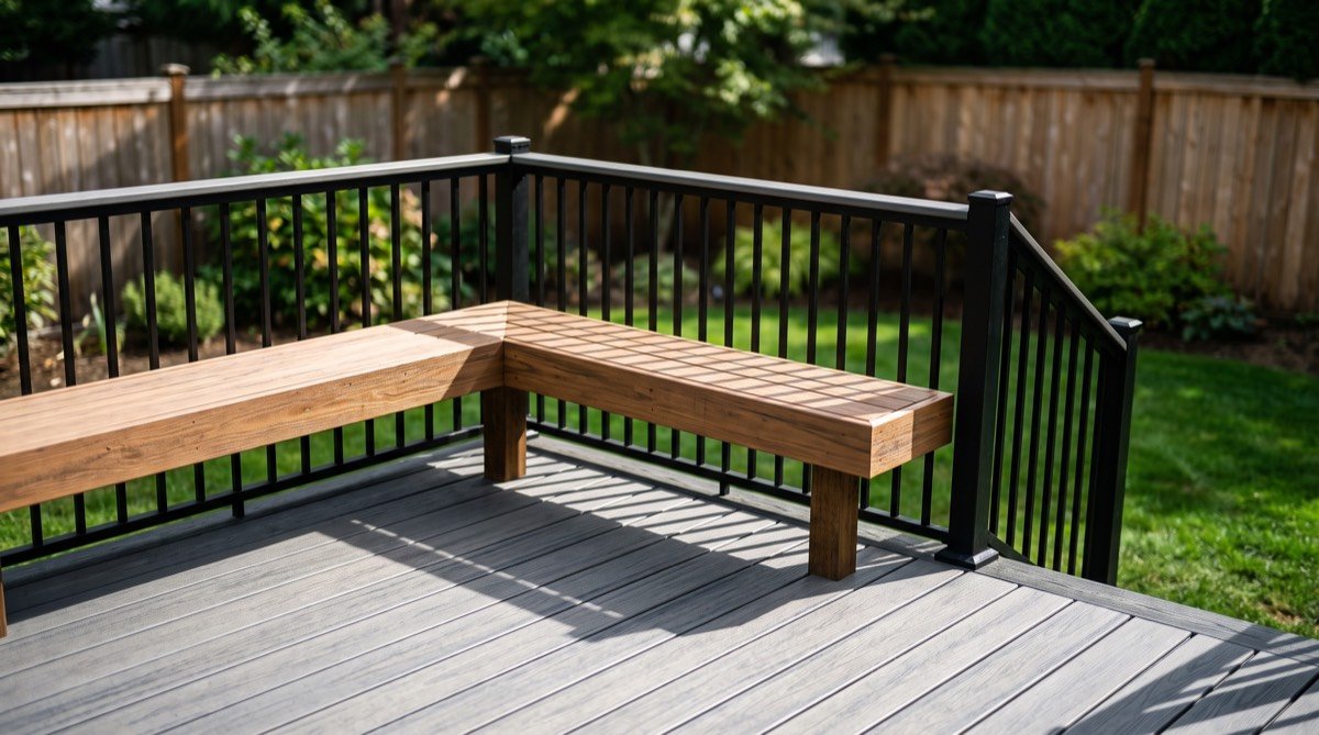 Completed ground-level composite deck with built-in bench