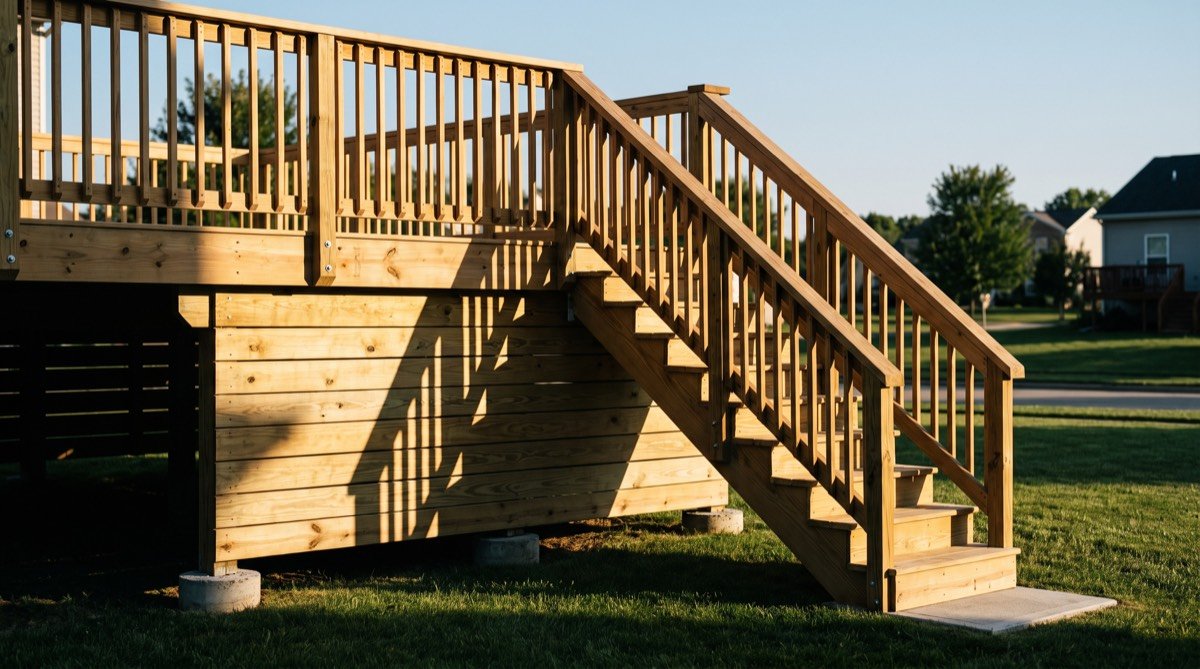 Completed second-story wood deck with staircase