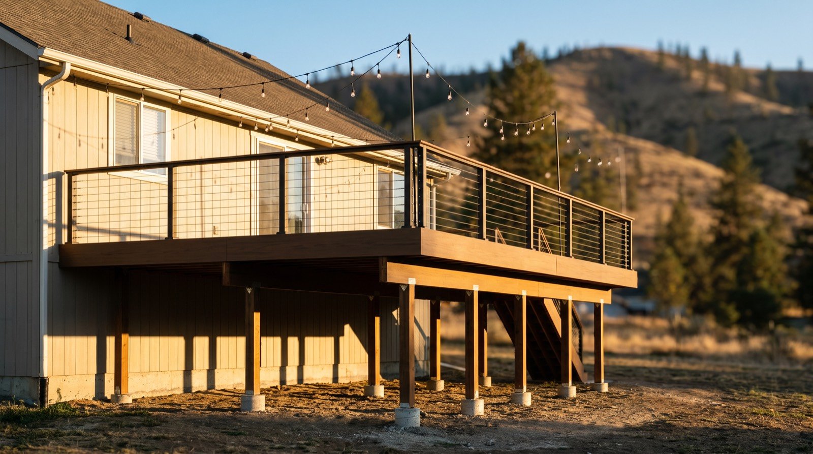 Newly built composite deck at golden hour