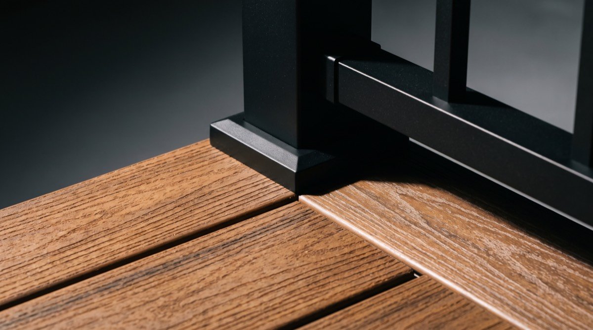Close-up of composite decking and aluminum railing detail
